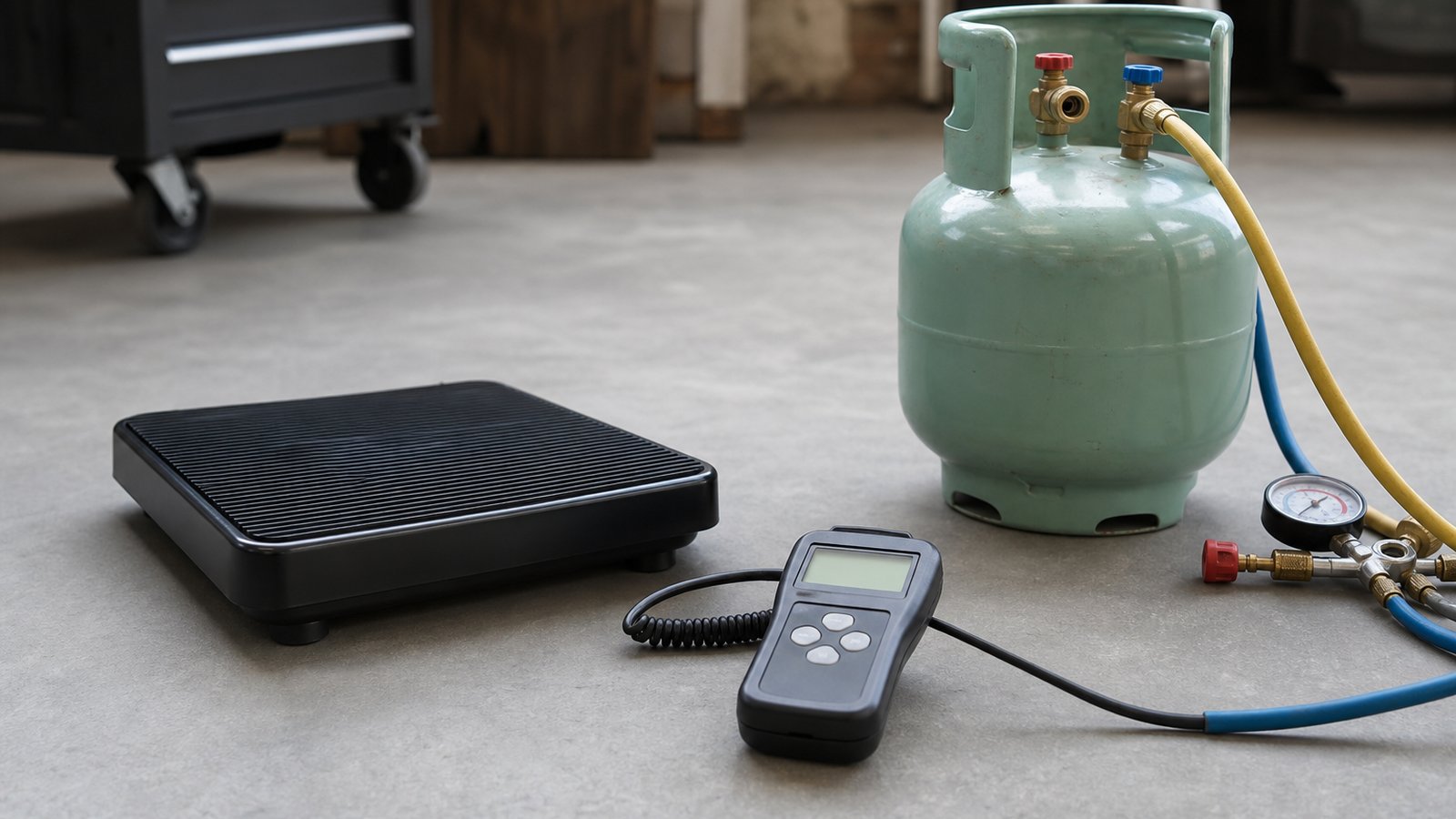 Lifestyle product scene for g refrigerant charging scale uk